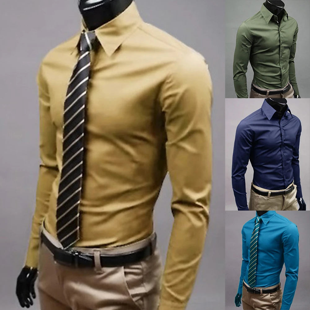 Men Dress Shirt New Fashion Men Solid Color Business Long Sleeve Men Button Turn Down Collar Shirt Top Polyester