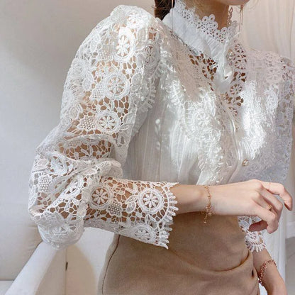 Women Chiffon Button Turtleneck Shirt Chic Elegant Floral Lace Fluffy Long Sleeve Top Fashion Hollow Oversize White Blouse 2025