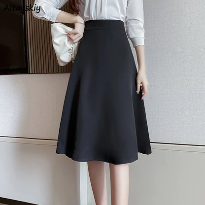 Women Skirts High Waist Knee-length A-line Black Skirt Casual All-match Elegant Ladies Gentle Ulzzang Trendy Solid Streetwear OL
