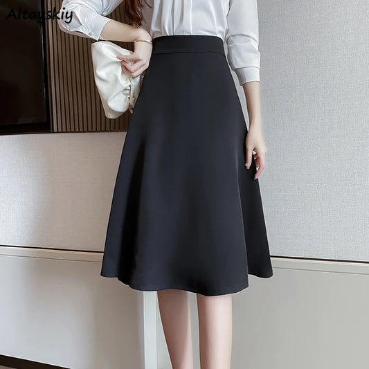 Women Skirts High Waist Knee-length A-line Black Skirt Casual All-match Elegant Ladies Gentle Ulzzang Trendy Solid Streetwear OL
