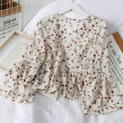 Chiffon Floral Blouses For Women Soft Retro Chic Ladies Shirts  Temperament Fresh Popular Trendy Ulzzang Button Femme Clothing