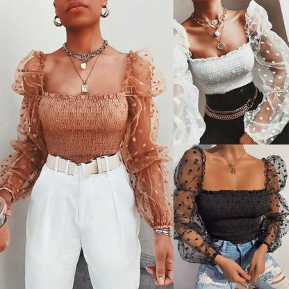 Summer Polka Dot Vintage New Women Shirts Puff Sleeve Square Sexy Square Neck Slim See-through Blouse Crop Top Clubwear
