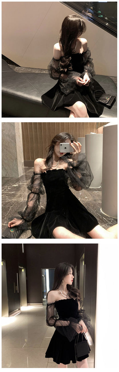 New 2025 Black Retro Dress Women Lace Chiffon Mini Dress Female High Street Sexy Korean Fashion Dress Women Club Dress
