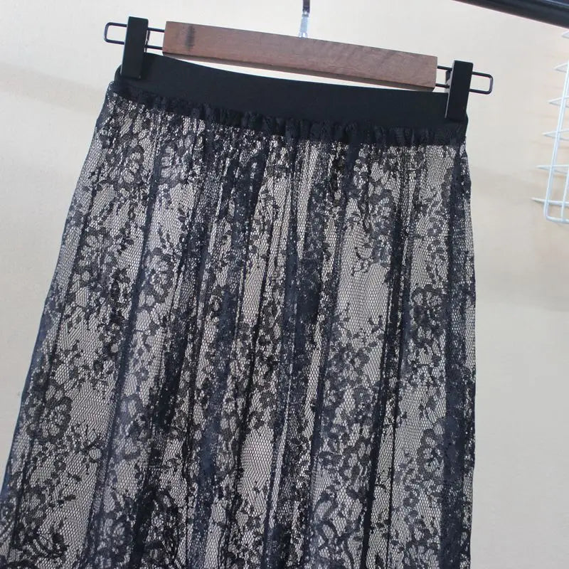 Hot Summer Women Lace Skirts  Fashion Solid Casual Mesh Tulle Skirt Hollow Out Short Pencil Elegant Elastic Black White Skirt