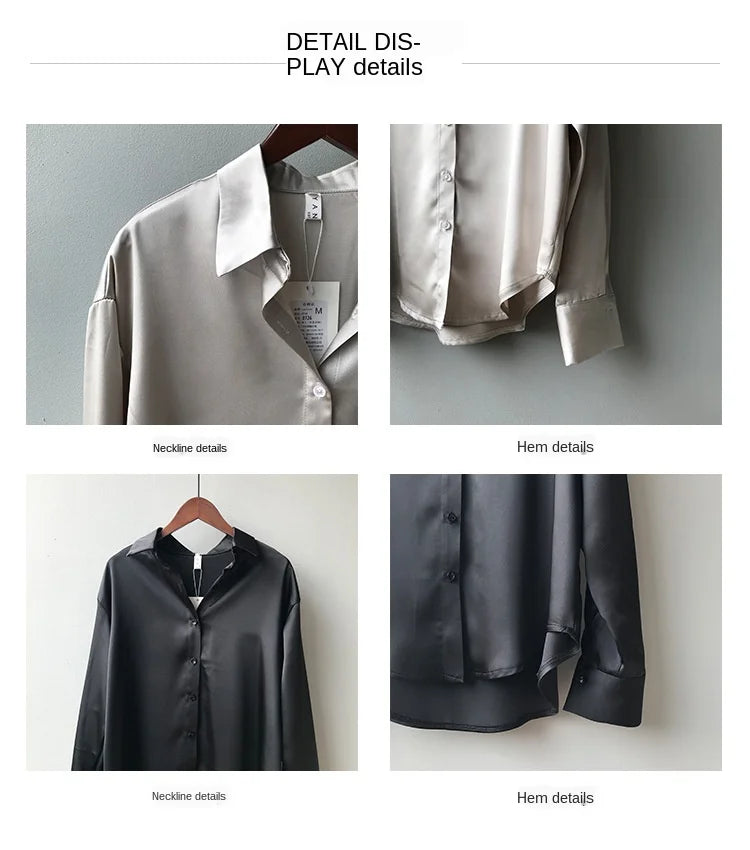 Elegant Satin Loose Women Shirt Spring Turn-down Collar Ladies Blouse Autumn Vintage Casual Button Silk Tops