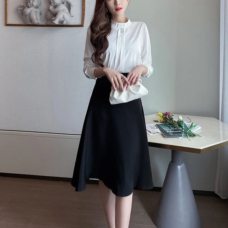Women Skirts High Waist Knee-length A-line Black Skirt Casual All-match Elegant Ladies Gentle Ulzzang Trendy Solid Streetwear OL
