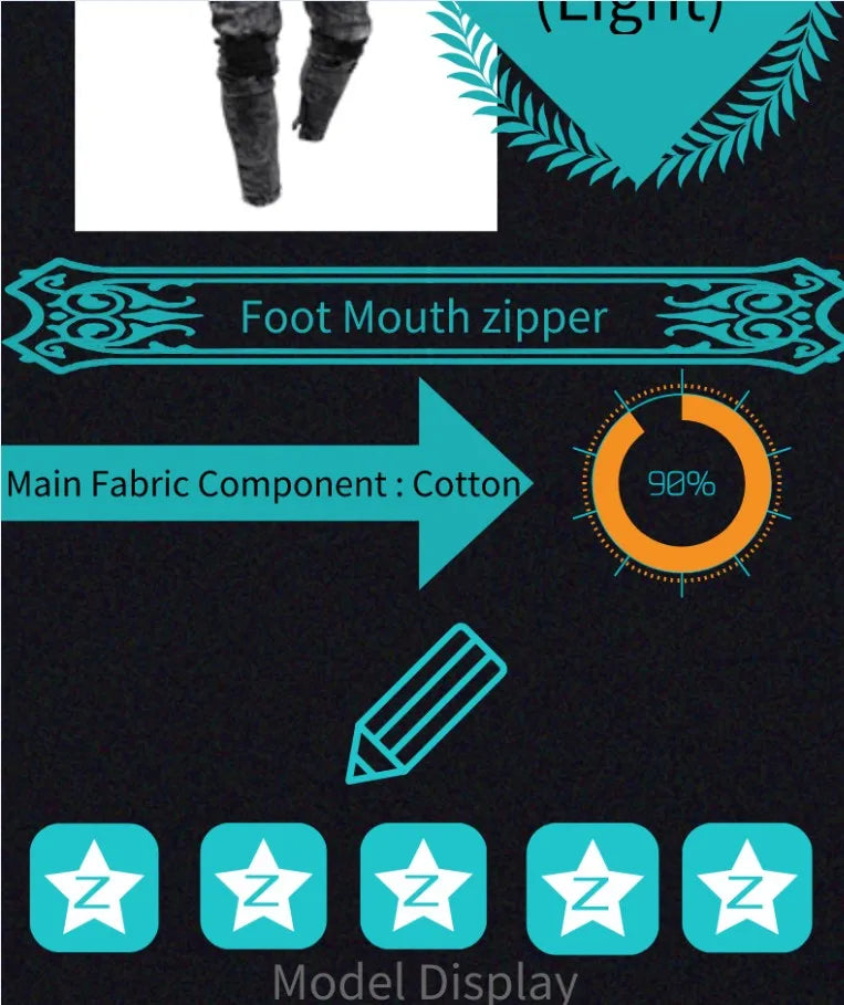 Biker Jeans Men's Distressed Stretch Ripped Biker Jeans Men Hip Hop Slim Fit Holes Punk Jeans Zipper Pure Color Denim Pants