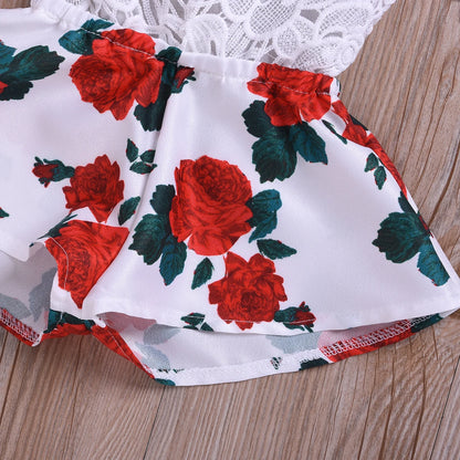 Newborn Baby Girl Clothes Sleeveless Lace Flower Print Strap Romper Jumpsuit One-Piece Outfit Summer Clothes