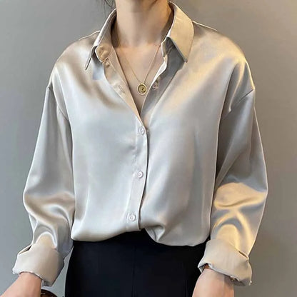 Elegant Satin Loose Women Shirt Spring Turn-down Collar Ladies Blouse Autumn Vintage Casual Button Silk Tops