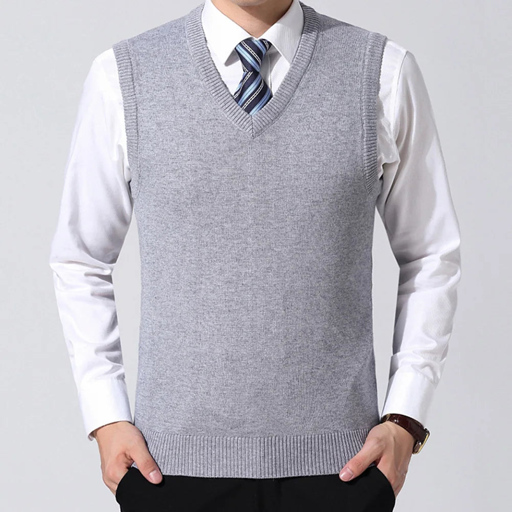 HOT SALES! Men Casual Winter Solid Color V Neck Sleeveless Knitted Woolen Plus Size Vest Knitted Woolen Vest Men Suit Vest