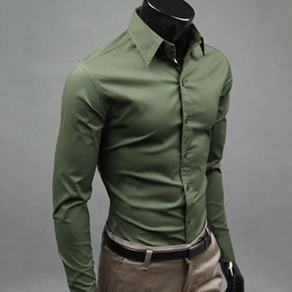 Men Dress Shirt New Fashion Men Solid Color Business Long Sleeve Men Button Turn Down Collar Shirt Top Polyester