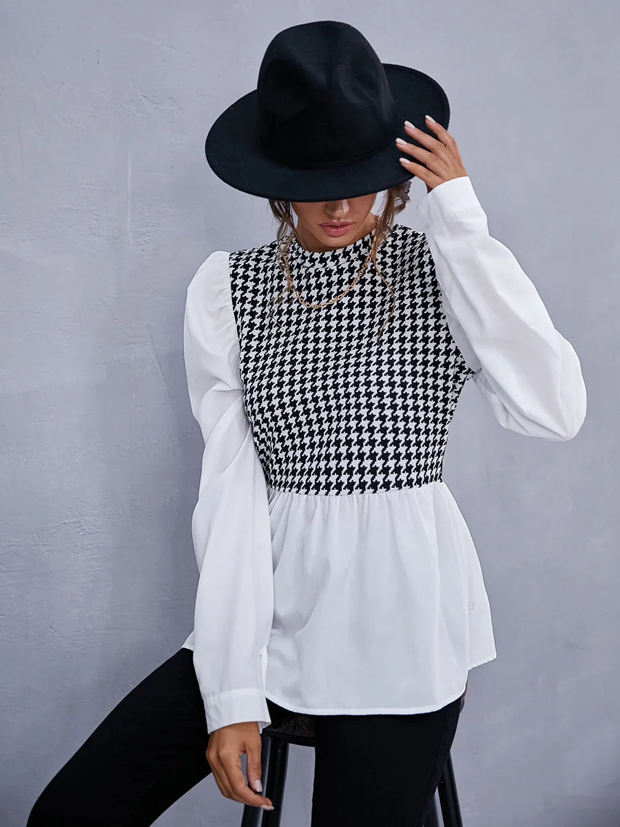 Women Elegant Houndstooth Shirt Fashion Ruffle Stitching Fluffy Long Sleeve Top Casual Chic Ladies Blouse Office White Shirts