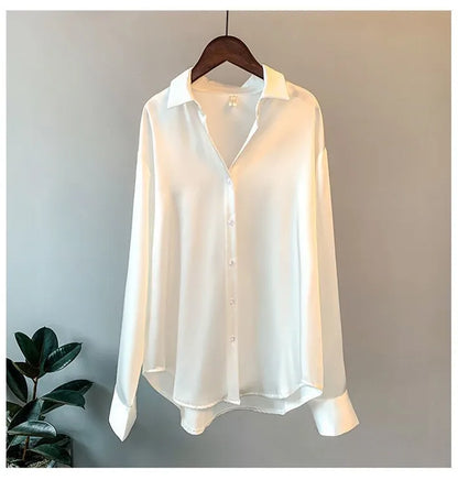 Elegant Satin Loose Women Shirt Spring Turn-down Collar Ladies Blouse Autumn Vintage Casual Button Silk Tops