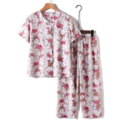 Novelty Sleepwear Women Pajamas Set Night Suit For Mother & Grandma Pajamas Summer Pajama Femme Printing Cardigan Home Clothes