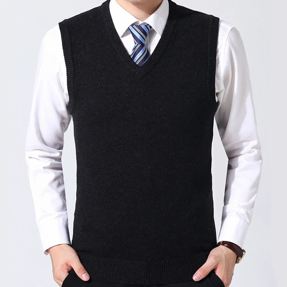 HOT SALES! Men Casual Winter Solid Color V Neck Sleeveless Knitted Woolen Plus Size Vest Knitted Woolen Vest Men Suit Vest