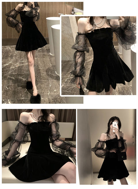 New 2025 Black Retro Dress Women Lace Chiffon Mini Dress Female High Street Sexy Korean Fashion Dress Women Club Dress
