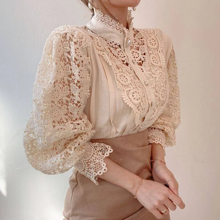 Women Chiffon Button Turtleneck Shirt Chic Elegant Floral Lace Fluffy Long Sleeve Top Fashion Hollow Oversize White Blouse 2025