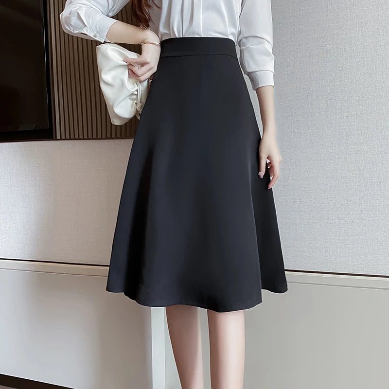Women Skirts High Waist Knee-length A-line Black Skirt Casual All-match Elegant Ladies Gentle Ulzzang Trendy Solid Streetwear OL