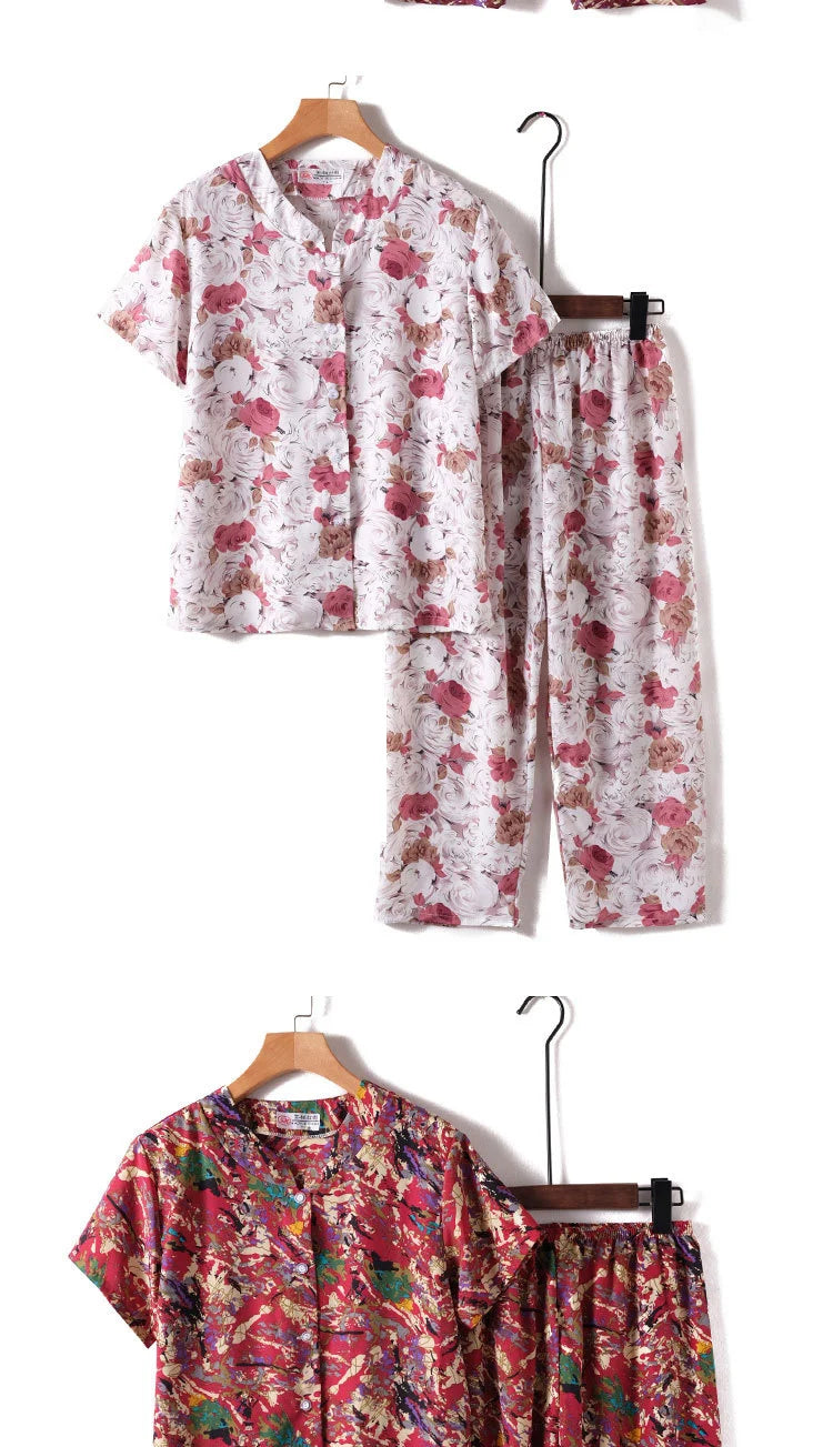 Novelty Sleepwear Women Pajamas Set Night Suit For Mother & Grandma Pajamas Summer Pajama Femme Printing Cardigan Home Clothes