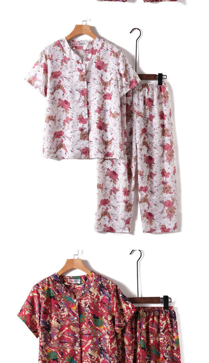 Novelty Sleepwear Women Pajamas Set Night Suit For Mother & Grandma Pajamas Summer Pajama Femme Printing Cardigan Home Clothes
