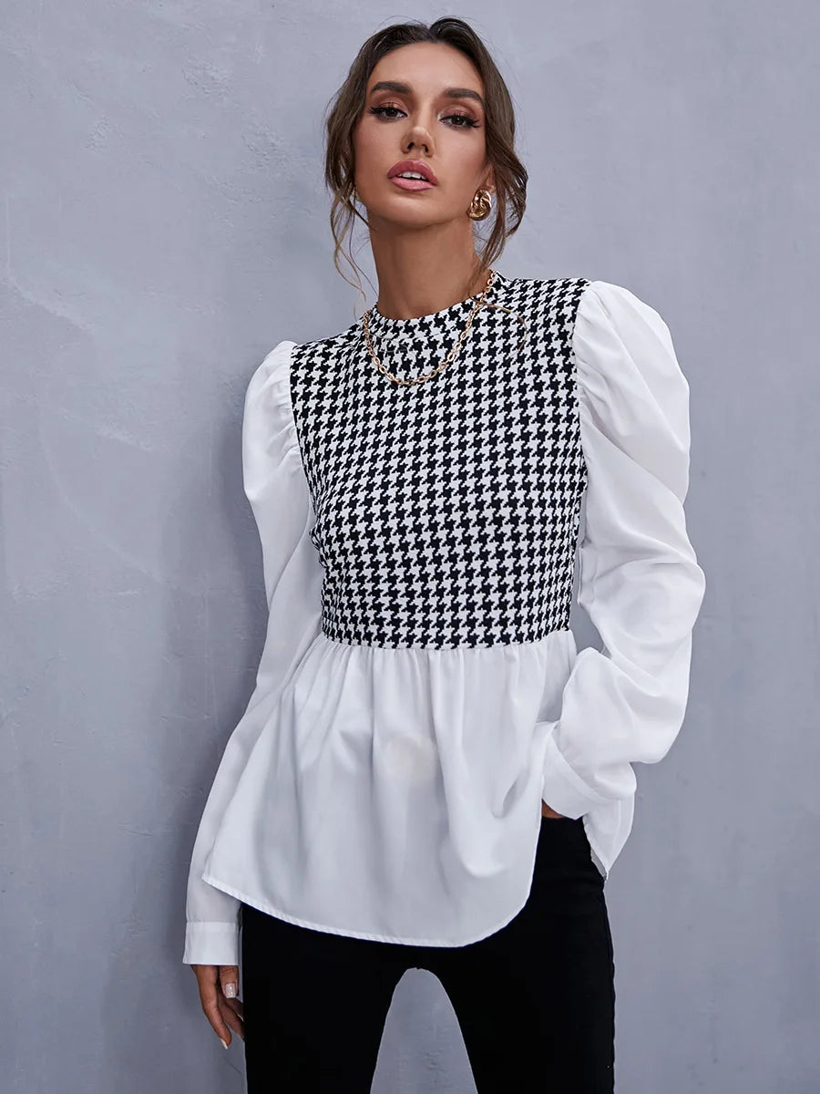 Women Elegant Houndstooth Shirt Fashion Ruffle Stitching Fluffy Long Sleeve Top Casual Chic Ladies Blouse Office White Shirts