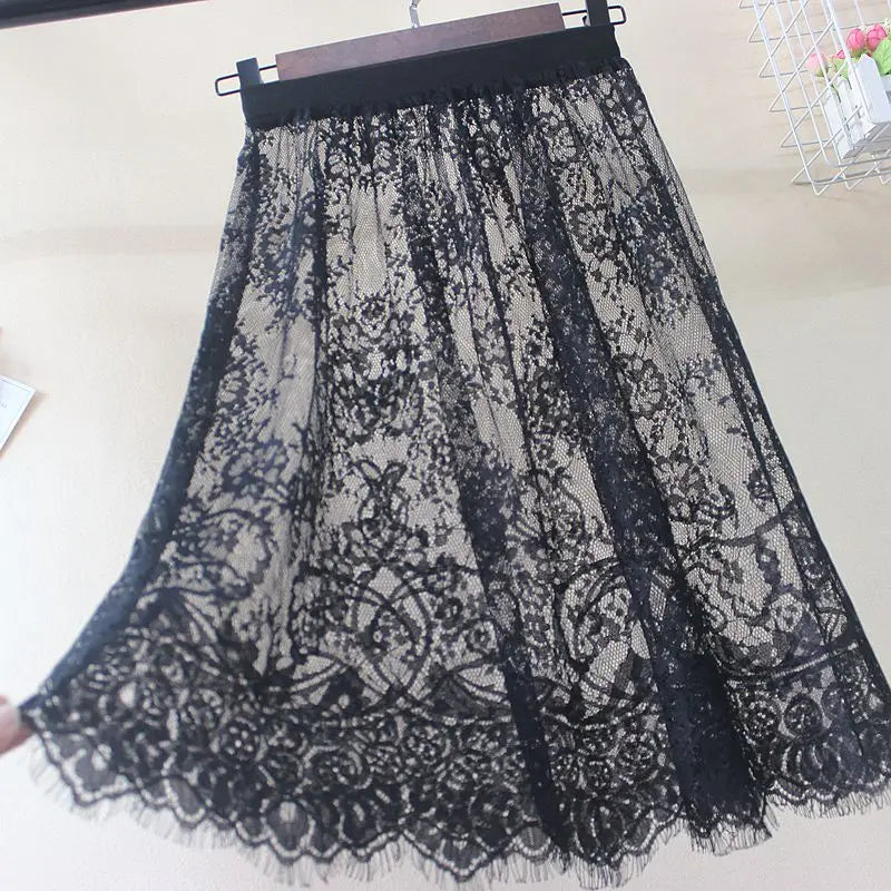 Hot Summer Women Lace Skirts  Fashion Solid Casual Mesh Tulle Skirt Hollow Out Short Pencil Elegant Elastic Black White Skirt