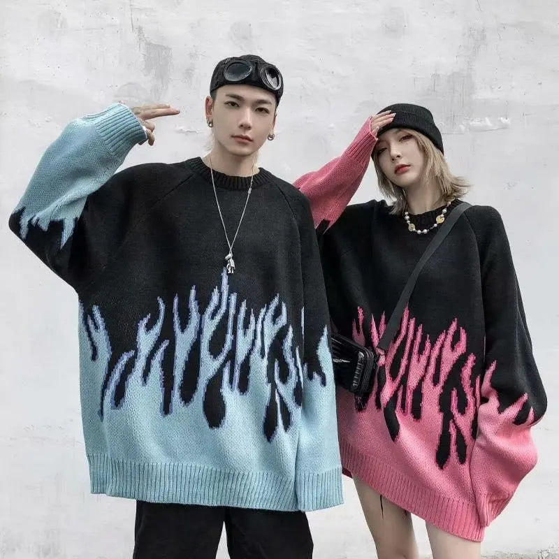Hip Hop Mens Streetwear Harajuku Knitted Sweater Blue Fire Flame 2025 Autumn Sweater Pullover Loose HipHop Retro Vintage