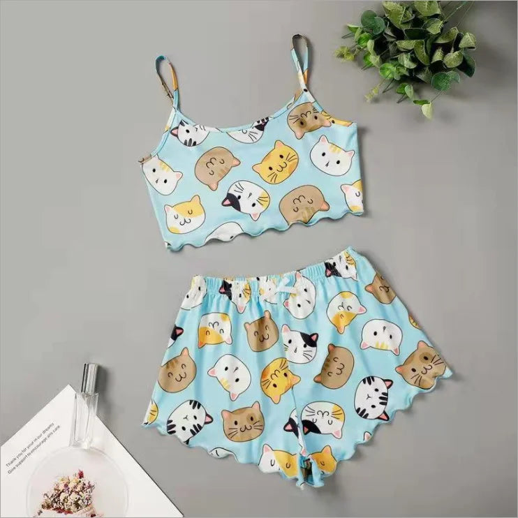 Hot Women's Sleepwear Cute Cartoon Print Short Set Pajamas for Women Pajama Set Sweet Short Sleeve V-Neck & Shorts Summer Pajama