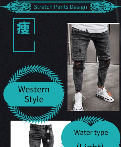 Biker Jeans Men's Distressed Stretch Ripped Biker Jeans Men Hip Hop Slim Fit Holes Punk Jeans Zipper Pure Color Denim Pants