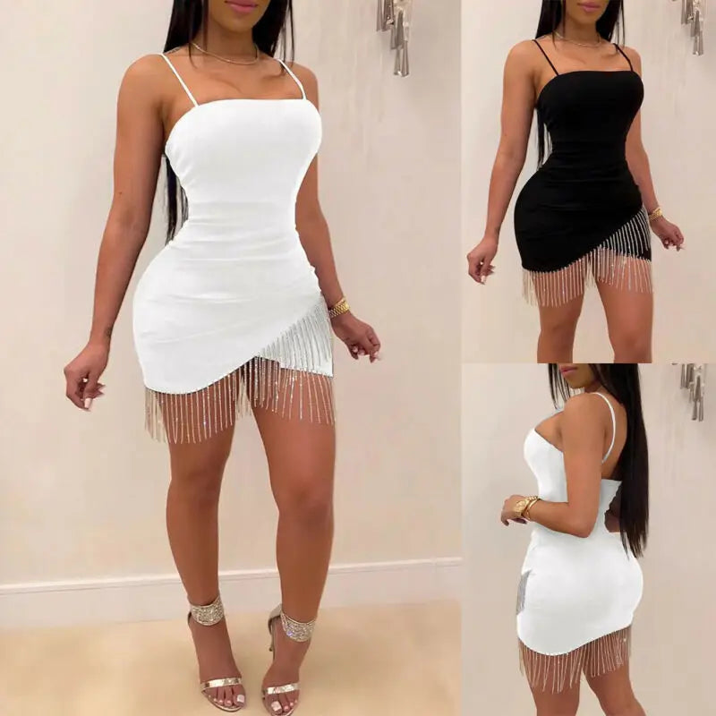 Sexy Dresses Woman Party Night Birthday Tassel Split Sleeveless Bodycon Dress Summer Elegant Suspender Short Mini Pencil Dress