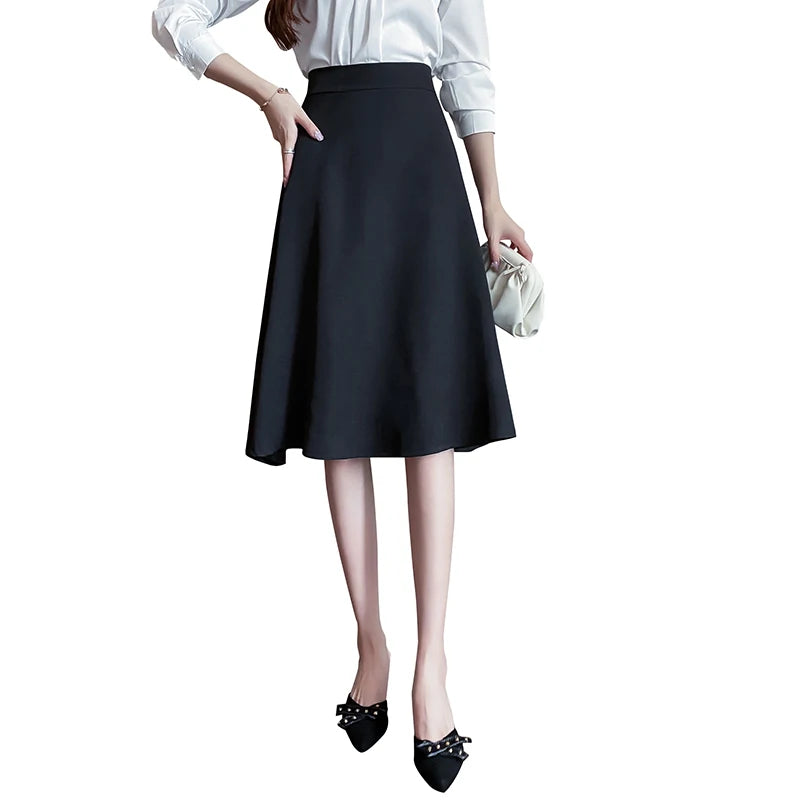 Women Skirts High Waist Knee-length A-line Black Skirt Casual All-match Elegant Ladies Gentle Ulzzang Trendy Solid Streetwear OL