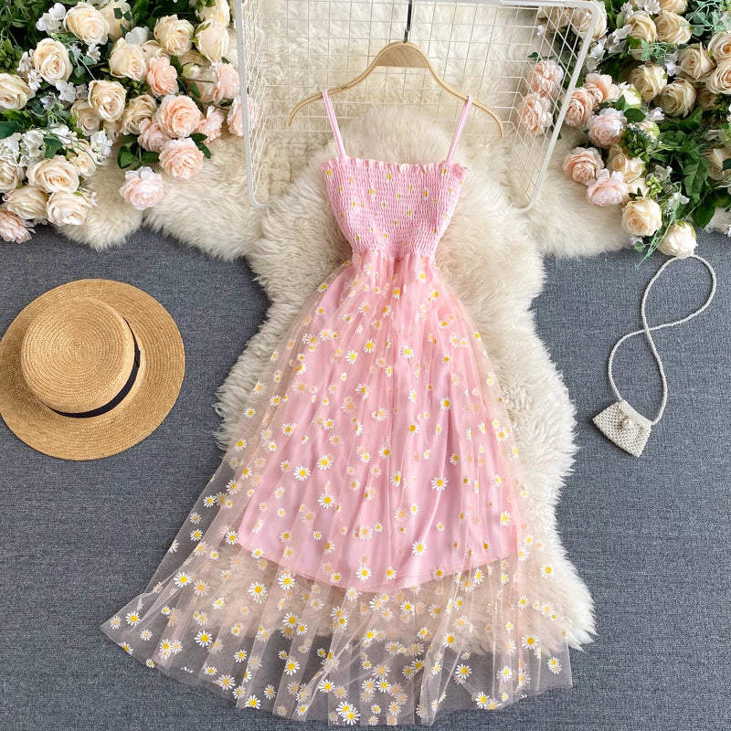 YuooMuoo Korean Fashion Daisy Flower Print Mesh Party Dress Summer Two Layers Spaghetti Strap Vacation Midi Dress Beach Vespids