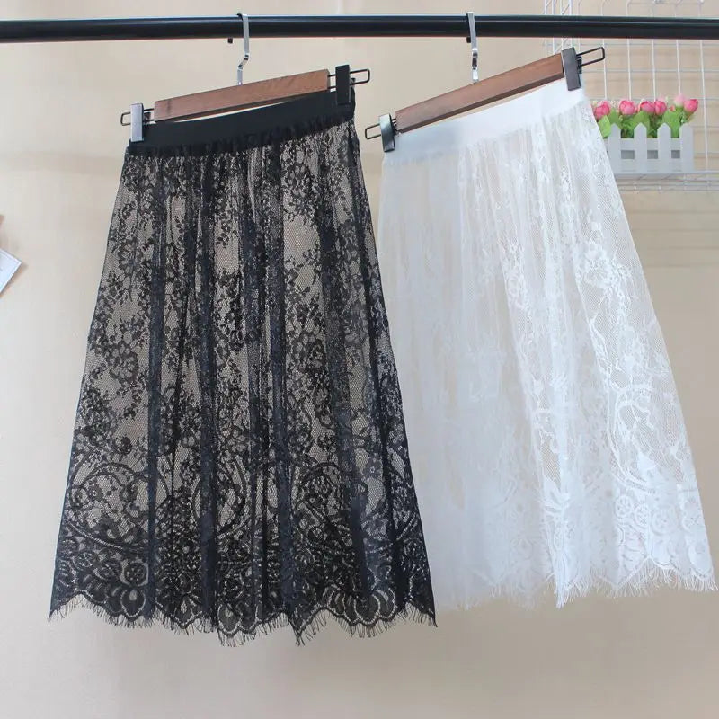 Hot Summer Women Lace Skirts  Fashion Solid Casual Mesh Tulle Skirt Hollow Out Short Pencil Elegant Elastic Black White Skirt