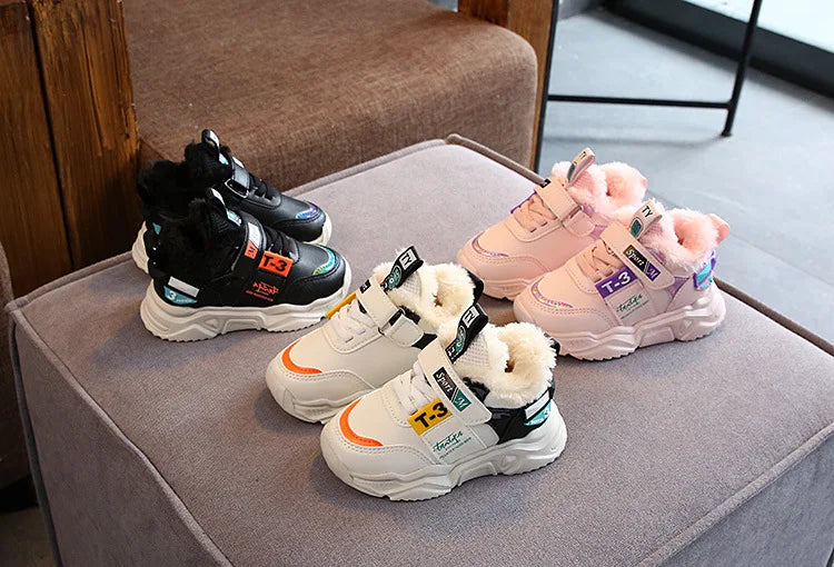 Autumn Winter Girl Children Sport Shoes Breathable Plush Warm Boys Sneakers Boots Soft Light WIth Fur Outdoor Kids Running Shoes