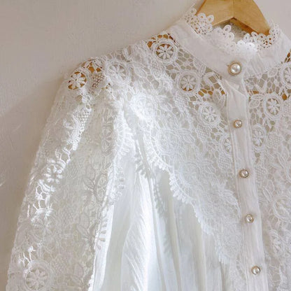 Women Chiffon Button Turtleneck Shirt Chic Elegant Floral Lace Fluffy Long Sleeve Top Fashion Hollow Oversize White Blouse 2025