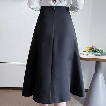 Women Skirts High Waist Knee-length A-line Black Skirt Casual All-match Elegant Ladies Gentle Ulzzang Trendy Solid Streetwear OL