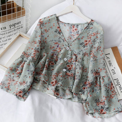 Chiffon Floral Blouses For Women Soft Retro Chic Ladies Shirts  Temperament Fresh Popular Trendy Ulzzang Button Femme Clothing