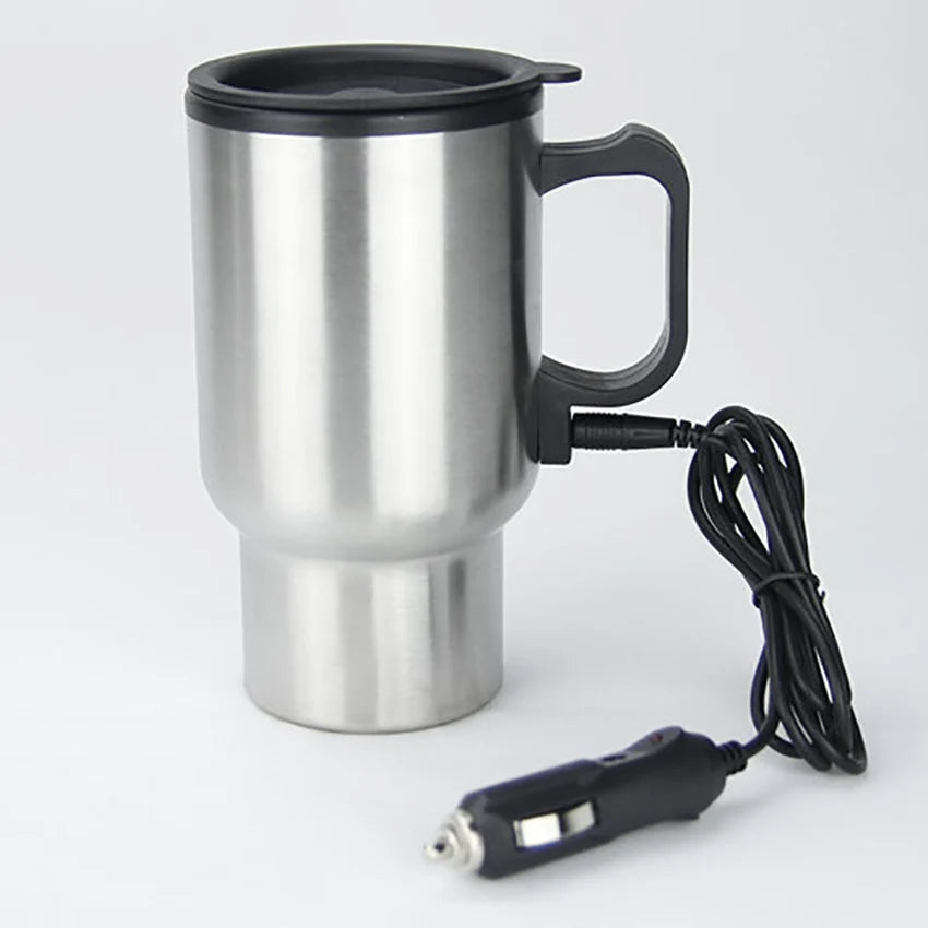 12V Car Heated Mug 450ml Stainless Steel Travel Electric Cup Thermos Cup for Heating Water, Coffee, Milk with Lid, Auto Charger