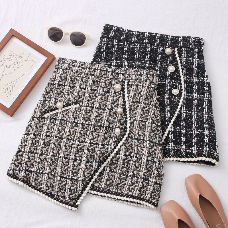 Tweed Skirts for Women Solid High Waist Slimming Skirts Autumn Spring 2025 Buttons Double Breasted Tweed Wool Mini Skirt
