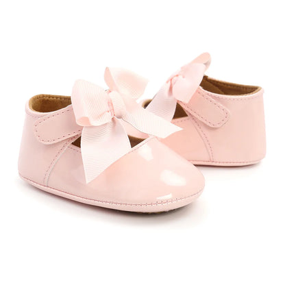 Newborn Baby Shoes Baby Boy Girl Shoes Girl Classic Bowknot Rubber Sole Anti-slip PU Dress Shoes First Walker Toddler Crib Shoes
