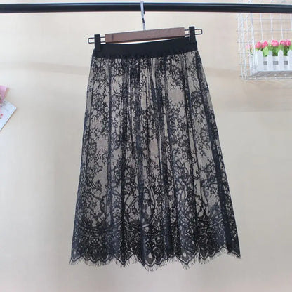 Hot Summer Women Lace Skirts  Fashion Solid Casual Mesh Tulle Skirt Hollow Out Short Pencil Elegant Elastic Black White Skirt