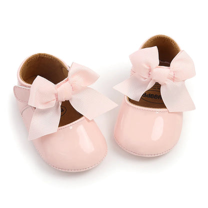 Newborn Baby Shoes Baby Boy Girl Shoes Girl Classic Bowknot Rubber Sole Anti-slip PU Dress Shoes First Walker Toddler Crib Shoes