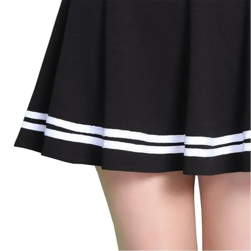 Women Skirt Solid Color Sexy High Waist Stripe Midi Pleated Skirts Girls Black White A Line Mini School Skirt Uniform Large Size