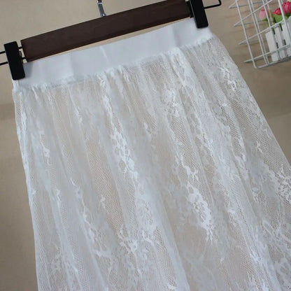 Hot Summer Women Lace Skirts  Fashion Solid Casual Mesh Tulle Skirt Hollow Out Short Pencil Elegant Elastic Black White Skirt