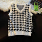 Men Houndstooth Sweater Vests Vintage Sleeveless V-neck Knitwear College Students Couple Loose Outwear Suester Para Hombre Chic