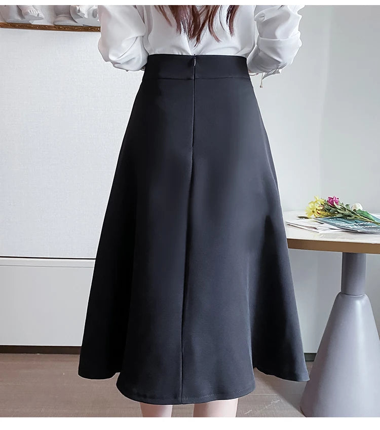 Women Skirts High Waist Knee-length A-line Black Skirt Casual All-match Elegant Ladies Gentle Ulzzang Trendy Solid Streetwear OL
