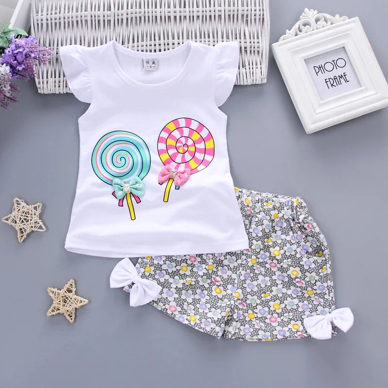 2024 New Summer Baby Clothes Sets Lollipop Print Sleeveless T-shirts and Shorts 2pcs Newborn Infant Girls Clothing Suits Outfits