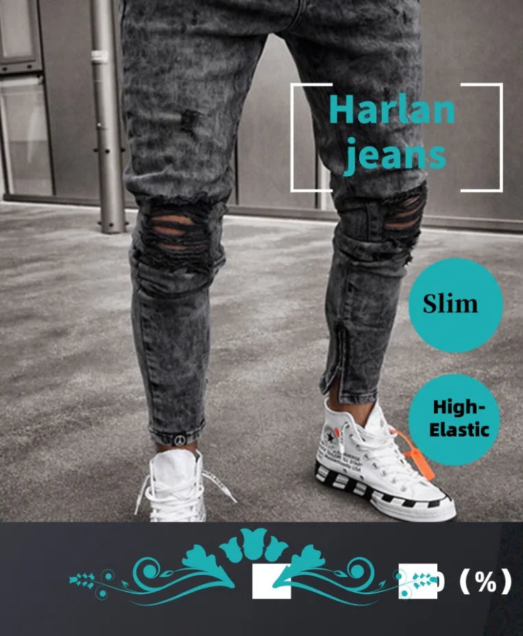 Biker Jeans Men's Distressed Stretch Ripped Biker Jeans Men Hip Hop Slim Fit Holes Punk Jeans Zipper Pure Color Denim Pants