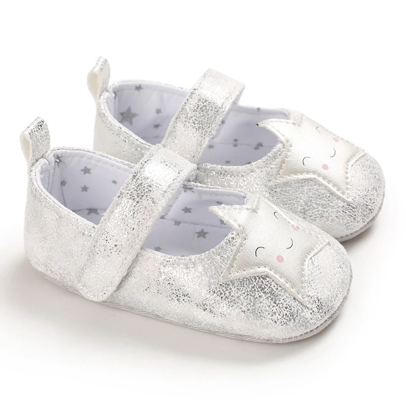 Cute 0-18M Spring Newborn Silver Baby Shoes Non Slip Cloth Bottom Girl Shoes Elegant Breathable Casual Baby First Walking Shoes