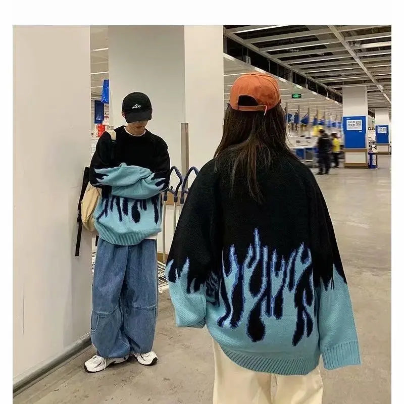 Hip Hop Mens Streetwear Harajuku Knitted Sweater Blue Fire Flame 2025 Autumn Sweater Pullover Loose HipHop Retro Vintage